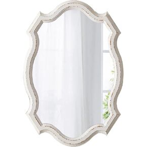 Rustic Scalloped Oval Mirrors for Bathroom 13 X 19 Inch, Distressed White Hanging Vintage Mirror, Farmhouse Wood Frame Gothic Wall Mounted Makeup Mirror for Bedroom Hallway Entryway
