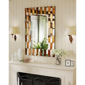 Decorative Rectangle Wall Mirror: 47.2x23.6 inch Full Length Glass Vanity with Silver and Golden Brown Glam Bling Mosaic Art Mirrored Framing, Luxury Modern Living Room Decoration