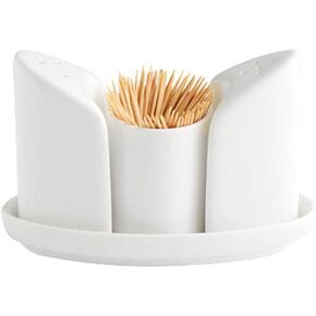 123Arts Ceramic Salt and Pepper Shaker Toothpick Holder with Tray, Set of 4