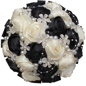 S-SSOY Hand Made Shining Crystal Rhinestones Pearl Silk Rose Bridesmaid Bridal Artificial Bouquets Customization Bride Holding Bouquet Wedding with Corsage Flower, A-018, Black+Creamy