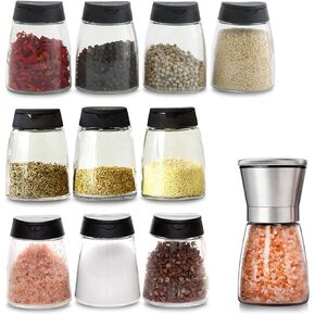 10+1PCS Glass Spice Jars with Shaker Pour Lid, Seasoning Shakers Glass Bottles Spice Shakers Salt & Pepper Shaker Container Set with Gift Grinder Fits in Home,Kitchen,Barbecue (10)