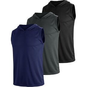 3 Pack Men's Sleeveless Workout Hoodies Dry Fit Quick Dry T Shirts with Hoods Running Gym Muscle Hooded Tank Top
