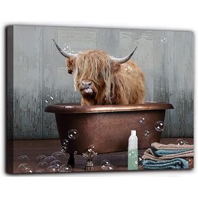 Highland Cow Bathroom Decor Canvas Print Highland Cow in Bathtub Wall Art Farmhouse Animal Picture Framed Artwork 12x16inch