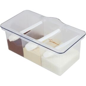 EIKS Plastic Condiment Pot Seasoning Box with 3 Grids and 3 Spoons for Storing and Serving Salt Pepper Chili Sugar Spice