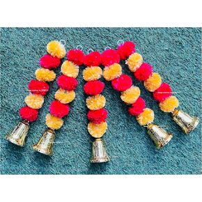 Artificial Marigold Flowers and Golden/Silver Hanging Bells Short Garlands/Torans/Wall hangings/Latkans for Decoration Approx 1.2 ft- Pack of 5 Strings (Light Orange Red)
