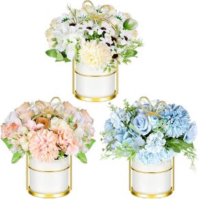 WILLBOND 3 Pots Small Faux Flower Centerpieces for Tables Decorative Set Flower Arrangements Faux Silk Hydrangea Flowers with Vase for Table Wedding Decoration Centerpieces, Pink, Blue and White