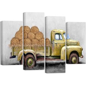 iHAPPYWALL 4 Pieces Rustic Farmhouse Car Canvas Wall Art Yellow Old Truck Countryside Farm Barn Straw Bales Picture Print for Bedroom Home Decor Ready to Hang (Yellow)