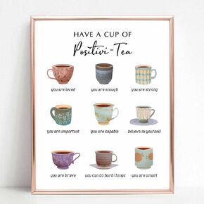 Have A Cup Of Positive-Tea, Self Affirmation Print, Therap Office Decor, Positive Self-talk, Mental Health Wall Art, School Counselor Decor, Office Poster, Unframed (11X14 INCH)