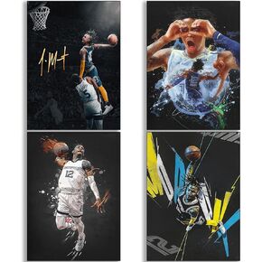 BAOGELI Ja Morant Poster Basketball Canvas Poster Wall Art Print Set of 4 Gifts for Boys Living Room Bedroom Decoration Unframed: 8x12inch