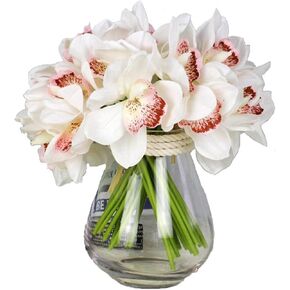 12 PCS High Quaulity Latex Real Touch Cymbidium Orchid Artificial Flower Bouquet for Wedding Holiday Bridal Bouquet Home Party Decor Bridesmaid (White)