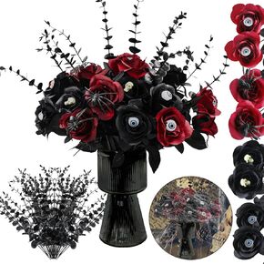 45Pcs Halloween Artificial Bloody Roses Flower Bouquet Set, Black Artificial Eucalyptus with Faux Eyeball Skull Spider Flowers and A Bag of Cobwebs for Halloween Vase Arrangements Table Decor