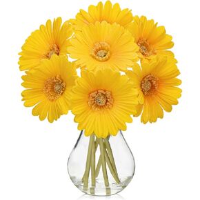 Briful Gerbera Daisy Artificial Flowers,Realistic Silk Daisy Faux Flowers in Glass Vase with Fake Water,Fall Yellow Fake Flowers with Stem for Home Kitchen Living Room Bathroom Décor