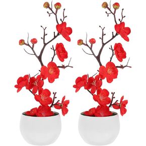 ibasenice 2pcs Artificial Flower Bonsai in Pot Plum Blossom Flower Arrangement with Vase Faux Potted Flowers for Home Wedding Party Table Centerpiece Decoration Red