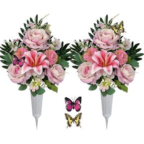 مجموعتان من زهور المقابر الاصطناعية لتزيين القبور، وباقات تذكارية وردية اللون مع مزهريات (الورد الوردي والزنبق والفراشة) in Kuwait