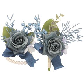 Weslymoo Dusty Blue Rose Wrist Corsage and Boutonniere Set Artificial Prom Flower Corsage Wristlet Band Bracelet Wedding Accessories Prom Decorations