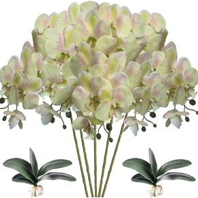 HinyoCo 5 Pcs Artificial Orchid Flowers and 2 Bundles Leaves,Artificial Phalaenopsis Flowers 32 Inch Stem Plants for Home Wedding Decoration (White Flower Purple Core)
