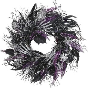 20" Halloween Wreaths for Front Door, Black Eucalyptus Leaves with Glitters, Red Roses, Skull, Berries Wreath Decor (Black-red)