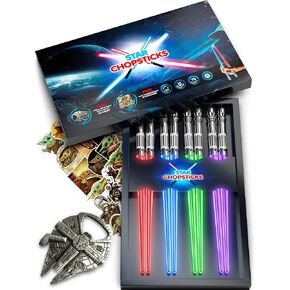 | FREE BOTTLE OPENER | 2 PAIRS DARK BOX | Lightsaber Chopsticks | Star Gifts and Toys for Kids | LED Light Up Reusable Safe Chopstick (2 PAIRS SET)