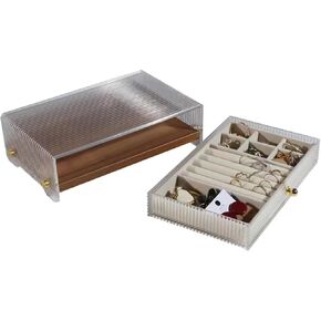 Wood and Acrylic Jewelry Organizer Box - Multi-Compartment Jewelry Storage with Necklace Hanger and Earring Holder | 2-Layer Drawer Display Stands