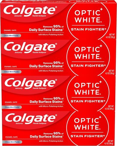 Colgate Optic White Stain Fighter Teeth Whitening Toothpaste, Anticavity Fluoride Toothpaste for Whitening Teeth, Helps Remove Daily Surface Stains, Clean Mint Paste, 4 Pack, 4.2 oz in Saudi Arabia