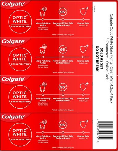 Colgate Optic White Stain Fighter Teeth Whitening Toothpaste, Anticavity Fluoride Toothpaste for Whitening Teeth, Helps Remove Daily Surface Stains, Clean Mint Paste, 4 Pack, 4.2 oz in Saudi Arabia