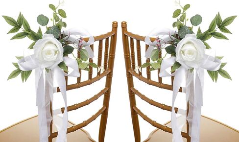 Wedding Aisle Chair Decorations Set of 6 Artificial Rose Flowers Eucalyptus with Ribbons for Ceremony Party Decor Back Floral Decoration (White), 46x27cm / 18.1x10.63in in Saudi Arabia