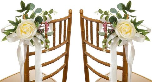 Wedding Aisle Chair Decorations Set of 6 Artificial Rose Flowers Eucalyptus with Ribbons for Ceremony Party Decor Back Floral Decoration (White), 46x27cm / 18.1x10.63in in Saudi Arabia
