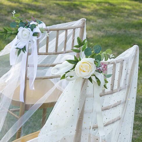 Wedding Aisle Chair Decorations Set of 6 Artificial Rose Flowers Eucalyptus with Ribbons for Ceremony Party Decor Back Floral Decoration (White), 46x27cm / 18.1x10.63in in Saudi Arabia