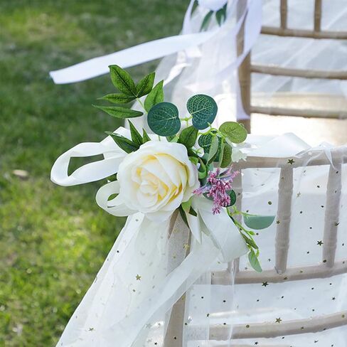 Wedding Aisle Chair Decorations Set of 6 Artificial Rose Flowers Eucalyptus with Ribbons for Ceremony Party Decor Back Floral Decoration (White), 46x27cm / 18.1x10.63in in Saudi Arabia