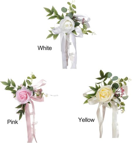 Wedding Aisle Chair Decorations Set of 6 Artificial Rose Flowers Eucalyptus with Ribbons for Ceremony Party Decor Back Floral Decoration (White), 46x27cm / 18.1x10.63in in Saudi Arabia