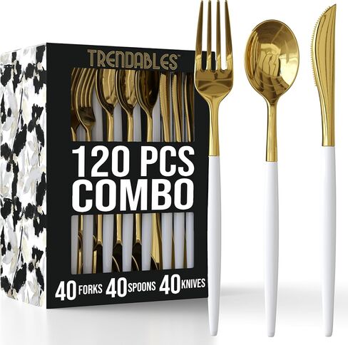 Trendables 120 Pack Disposable Silverware Set - Plastic Cutlery Dinnerware - Includes 40 - Plastic Forks - Plastic Spoons - Plastic Knives - White & Gold Plastic Silverware Plastic Utensils Party Set in Saudi Arabia