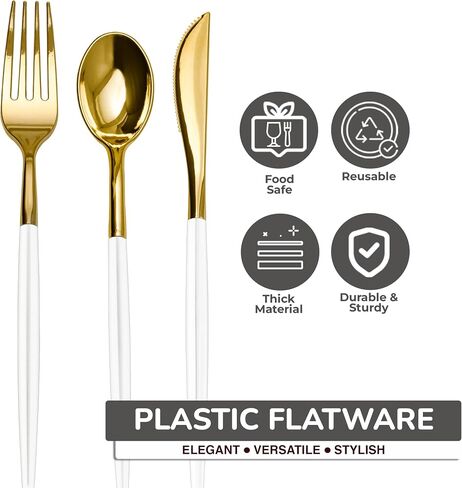 Trendables 120 Pack Disposable Silverware Set - Plastic Cutlery Dinnerware - Includes 40 - Plastic Forks - Plastic Spoons - Plastic Knives - White & Gold Plastic Silverware Plastic Utensils Party Set in Saudi Arabia