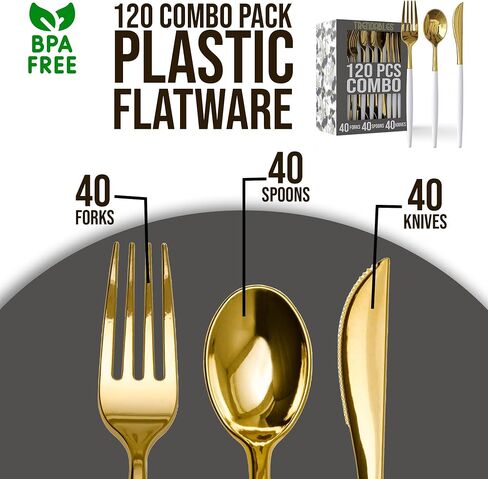 Trendables 120 Pack Disposable Silverware Set - Plastic Cutlery Dinnerware - Includes 40 - Plastic Forks - Plastic Spoons - Plastic Knives - White & Gold Plastic Silverware Plastic Utensils Party Set in Saudi Arabia