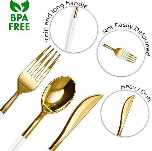 Trendables 120 Pack Disposable Silverware Set - Plastic Cutlery Dinnerware - Includes 40 - Plastic Forks - Plastic Spoons - Plastic Knives - White & Gold Plastic Silverware Plastic Utensils Party Set in Saudi Arabia