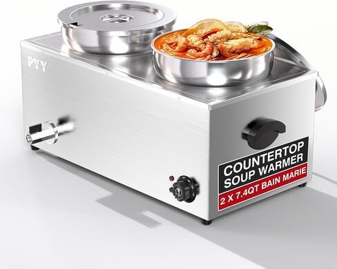 PYY Commercial Soup Warmer, Steam Table Food Warmer Electric Countertop Bain Marie Station with Large Stainless Steel Dual 9.2QT Round Pots for Restaurants, Parties, Buffets and Catering 86-185°F in Saudi Arabia