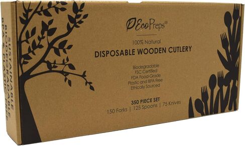 مجموعة أدوات مائدة خشبية قابلة للتحلل بنسبة 100% (360 قطعة - 150 شوكة، 125 ملعقة، 85 سكينًا) مجموعة أدوات مائدة صديقة للبيئة وطبيعية وقابلة للتحلل البيولوجي | مجموعة شوك وسكاكين وملاعق من خشب البتولا للاستعمال مرة واحدة in Kuwait