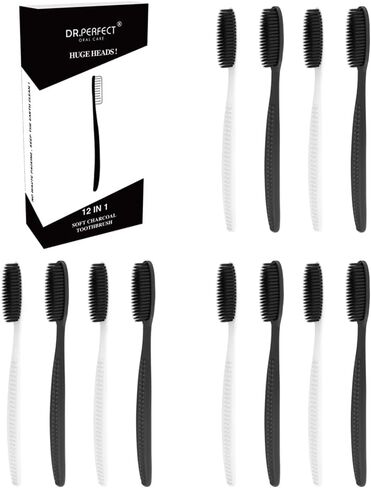 4.5 Inches Black Long Head Charcoal Flossing Toothbrush Extra Medium Soft Pack of 4 (2 Black 2 White) in Saudi Arabia