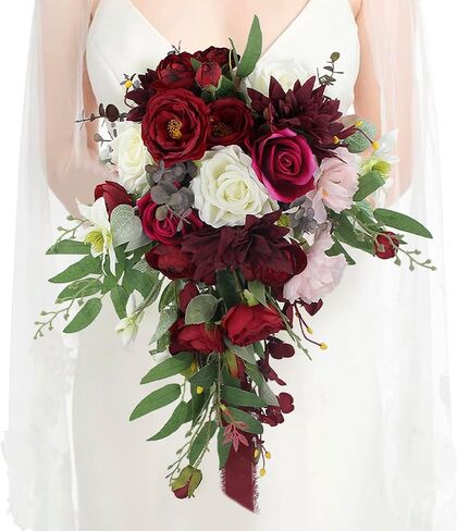 Rinlong Burgundy Marsala Red Cascade Bouquet Wedding Bouquets for Bride Cascading Wedding Bouquet of Flowers Teardrop Bridal Bouquet for Wedding Artificial Flowers Tossing Bouquet in Saudi Arabia