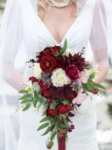 Rinlong Burgundy Marsala Red Cascade Bouquet Wedding Bouquets for Bride Cascading Wedding Bouquet of Flowers Teardrop Bridal Bouquet for Wedding Artificial Flowers Tossing Bouquet in Saudi Arabia