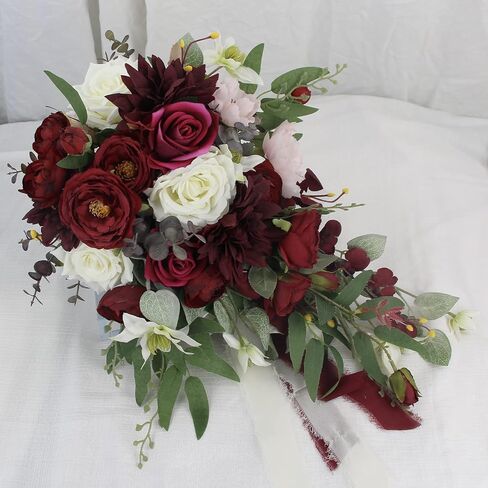 Rinlong Burgundy Marsala Red Cascade Bouquet Wedding Bouquets for Bride Cascading Wedding Bouquet of Flowers Teardrop Bridal Bouquet for Wedding Artificial Flowers Tossing Bouquet in Saudi Arabia