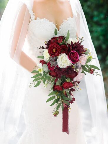 Rinlong Burgundy Marsala Red Cascade Bouquet Wedding Bouquets for Bride Cascading Wedding Bouquet of Flowers Teardrop Bridal Bouquet for Wedding Artificial Flowers Tossing Bouquet in Saudi Arabia
