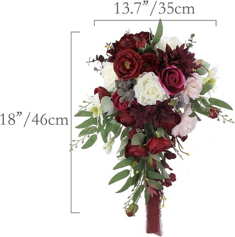 Rinlong Burgundy Marsala Red Cascade Bouquet Wedding Bouquets for Bride Cascading Wedding Bouquet of Flowers Teardrop Bridal Bouquet for Wedding Artificial Flowers Tossing Bouquet in Saudi Arabia