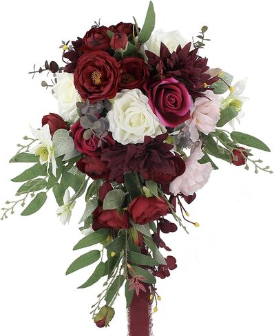 Rinlong Burgundy Marsala Red Cascade Bouquet Wedding Bouquets for Bride Cascading Wedding Bouquet of Flowers Teardrop Bridal Bouquet for Wedding Artificial Flowers Tossing Bouquet in Saudi Arabia