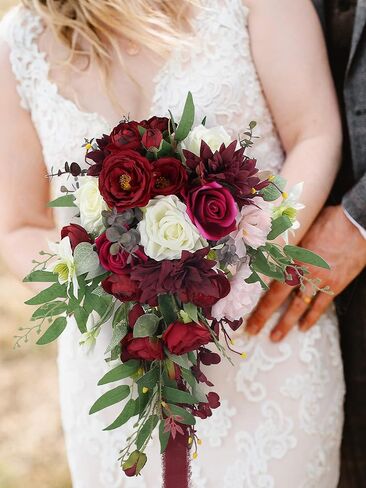 Rinlong Burgundy Marsala Red Cascade Bouquet Wedding Bouquets for Bride Cascading Wedding Bouquet of Flowers Teardrop Bridal Bouquet for Wedding Artificial Flowers Tossing Bouquet in Saudi Arabia