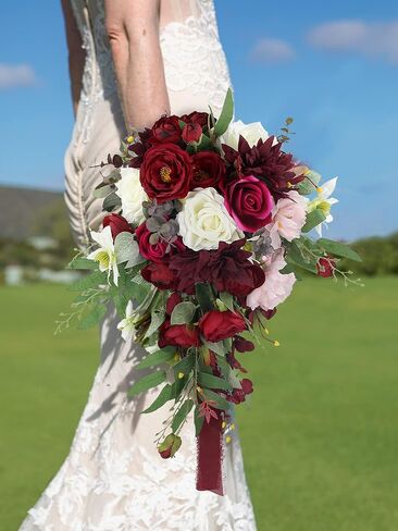 Rinlong Burgundy Marsala Red Cascade Bouquet Wedding Bouquets for Bride Cascading Wedding Bouquet of Flowers Teardrop Bridal Bouquet for Wedding Artificial Flowers Tossing Bouquet in Saudi Arabia