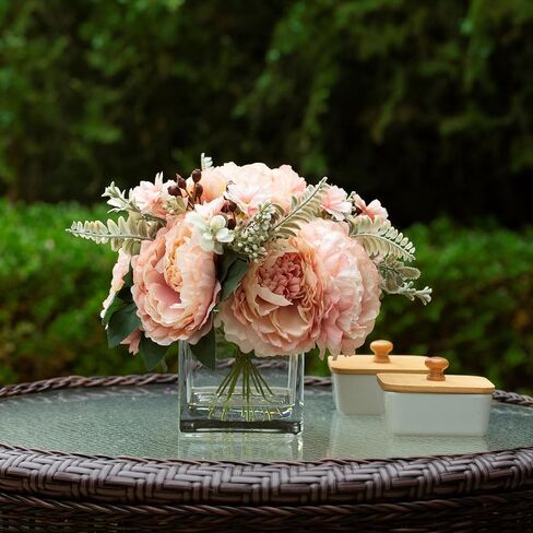 تشكيلة زهور صناعية من ENOVA FLORAL مع مزهرية، زهرة الفاوانيا الحريرية الاصطناعية المختلطة في مزهرية لتزيين المكتب المنزلي، قطعة مركزية للزفاف (شامبانيا) in Kuwait