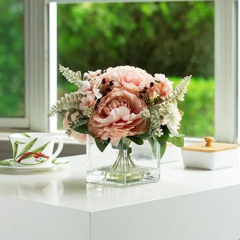 تشكيلة زهور صناعية من ENOVA FLORAL مع مزهرية، زهرة الفاوانيا الحريرية الاصطناعية المختلطة في مزهرية لتزيين المكتب المنزلي، قطعة مركزية للزفاف (شامبانيا) in Kuwait