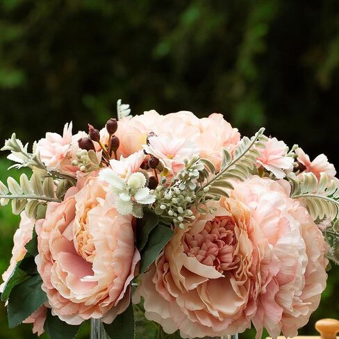 تشكيلة زهور صناعية من ENOVA FLORAL مع مزهرية، زهرة الفاوانيا الحريرية الاصطناعية المختلطة في مزهرية لتزيين المكتب المنزلي، قطعة مركزية للزفاف (شامبانيا) in Kuwait