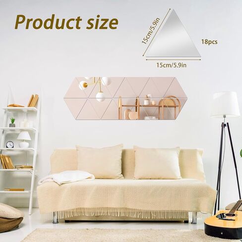 CEYAZYE Wall Mirror Tiles, 18 Pcs Triangle Mirrors for Wall, Self Adhesive Wall Mirror Stickers, Acrylic Mirror Cute Room Wall Decor Y2k Aesthetic Living Room Bedroom Decor in Kuwait