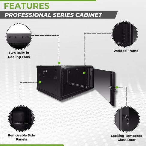NavePoint 9U Server Rack Enclosure - 17.7" Deep, 9U Wall Mount Network Cabinet with Locking Glass Door for 19" IT Equipment, 9U Network Rack with 2 Fans, Removable Side Panels, Black in Kuwait